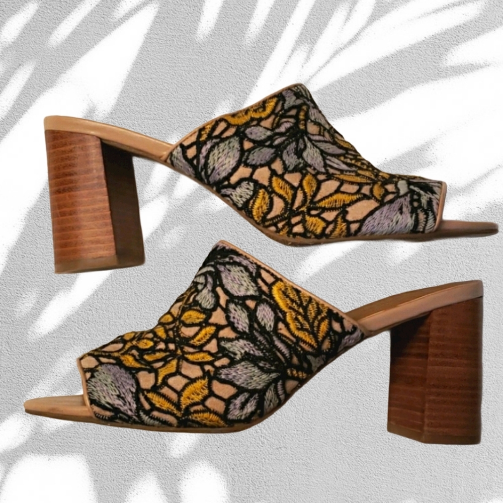 Crown Vintage Clara Embroidered Floral Mule Block Heels